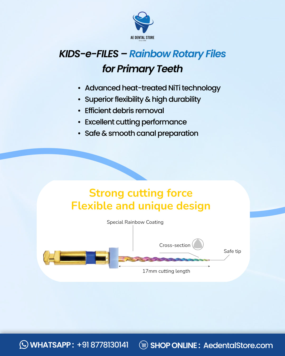 AE Dental Kids-e-Files Rainbow Rotary Endodontic Files – Heat Treated NiTi Files for Pediatric Root Canal