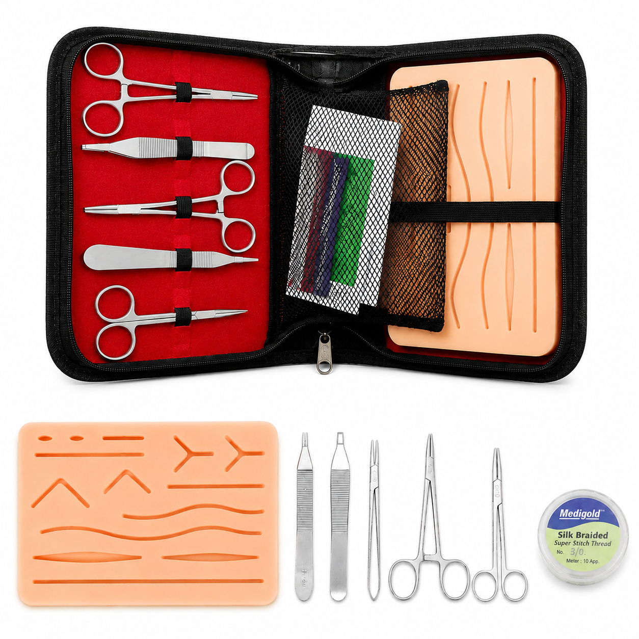 Suture Practice Kit with Pad – Realistic Silicone Pad, Surgical Tools, Portable Case – Ideal for Medical Students & Professionals