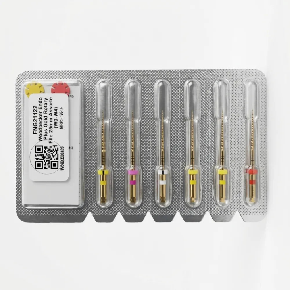 Woodpecker Endo Plus heat treated gold rotary files in case